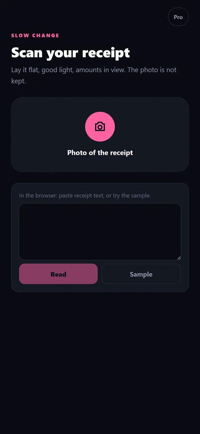 The scan screen: one button, a photo of the receipt